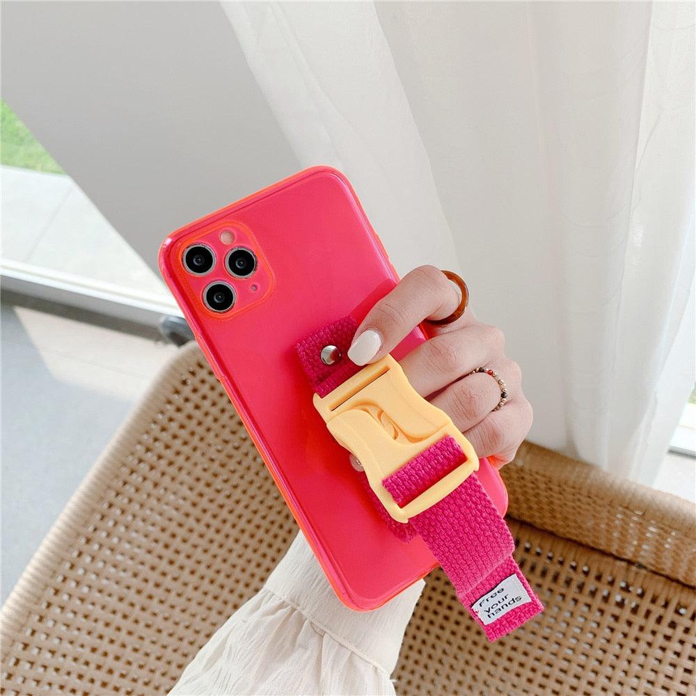 Fluorescent Sports Smartphone Case Bright Color Silicone Simple Soft Protective Cover Mobile Strap Wrist Crossbody Phone Case For iPhone 13 12 11 Pro XR XS Max X 8 7 Plus SE2 Strap Soft Silicon Phone Cover