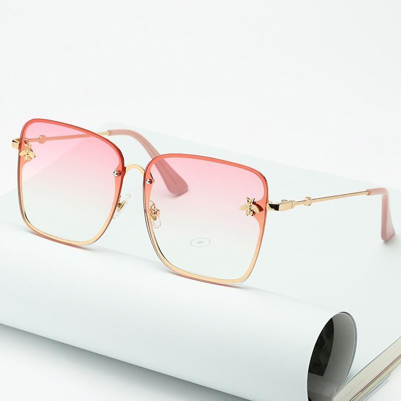 New Fashion Lady Oversize Rimless Square Bee Sunglasses For Women  With Small Bee Glasses Design Gradient Sunglasses With UV400
