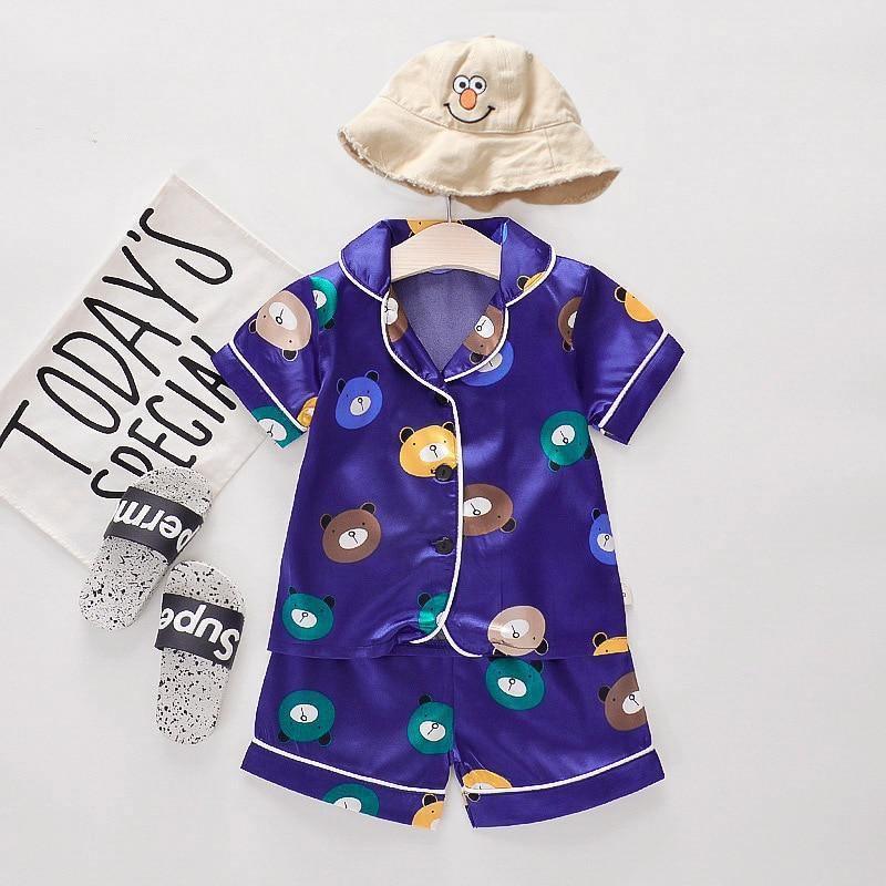 Luxury Modern Children's Pajamas Set Baby Suit Toddler Boys and Girls Ice Silk Satin Cartoon Printing Tops Pants Set Home Wear pajams for Kids