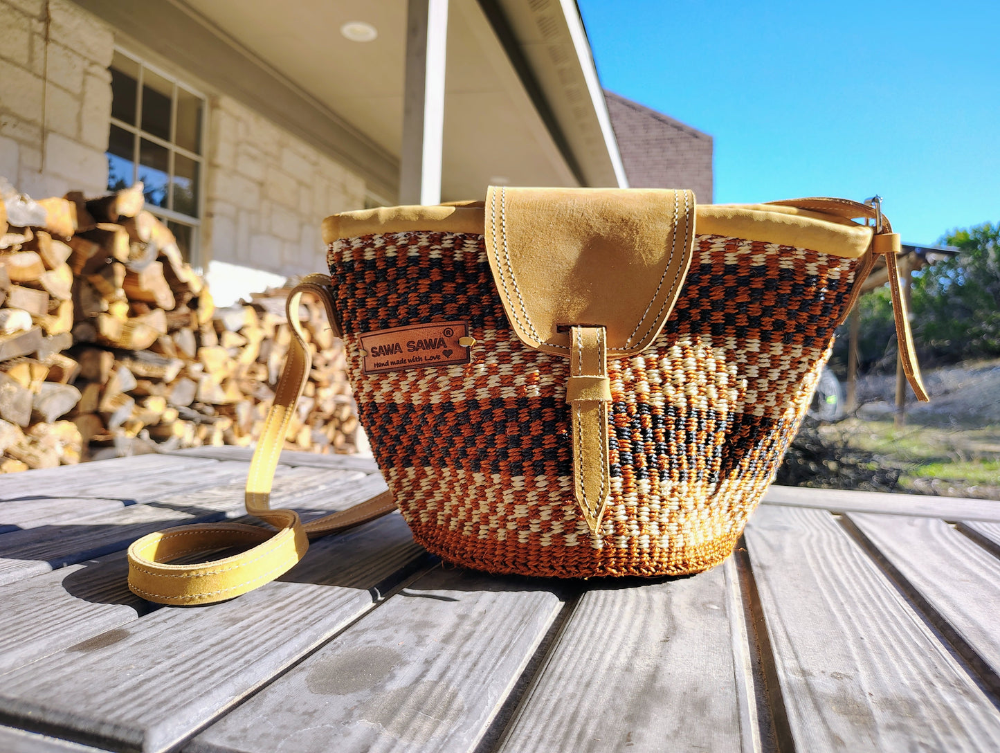 Life Damier Pattern Handwoven Sisal Straw Crossbody Shoulder Bag