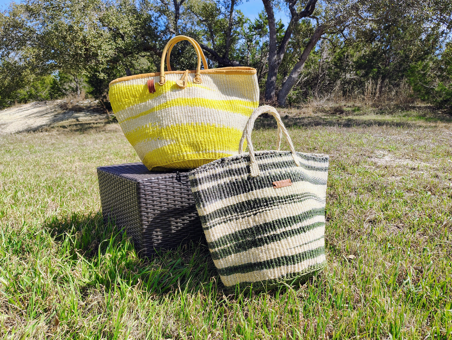 Healing Handmade Vegan Green and White Sisal Tote Basket Bag