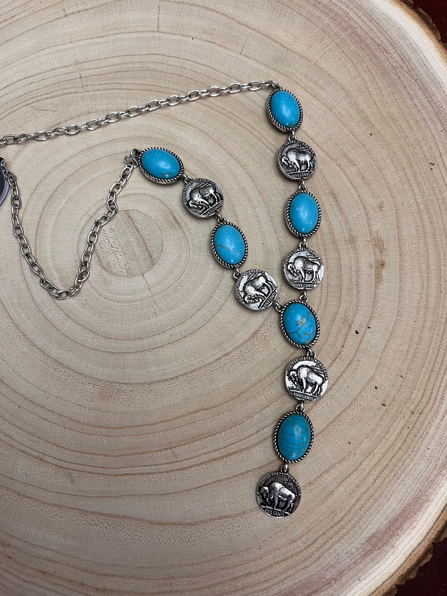 Western Small Buffalo Coin Faux Lariat Necklace - 20 inch + 3