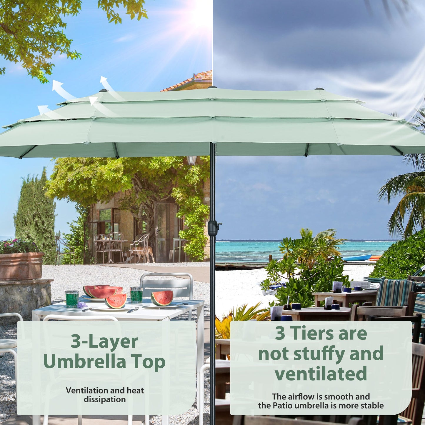 Ainfox 15ft Large Patio Umbrella, 3-Tiers Outdoor Double-Sided Rectangle Market Heavy Duty Umbrellas