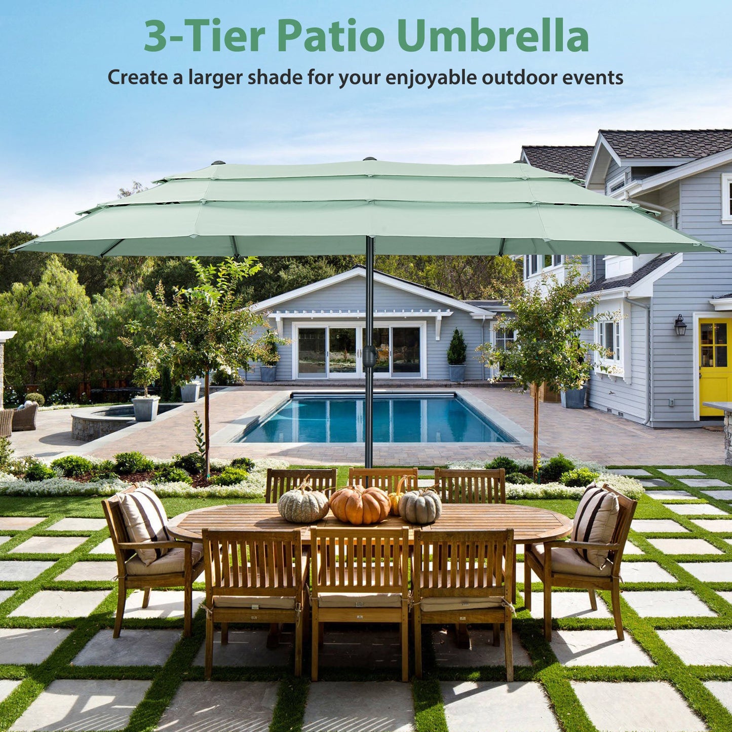 Ainfox 15ft Large Patio Umbrella, 3-Tiers Outdoor Double-Sided Rectangle Market Heavy Duty Umbrellas