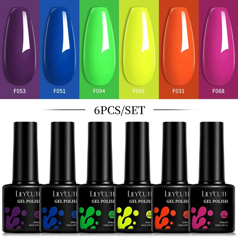 LILYCUTE 6Pcs 7ML Gel DIY Nails Polish Set Bright Pink Nail Charms Soak Off UV LED Gel Varnish Nail Art Design Accessories