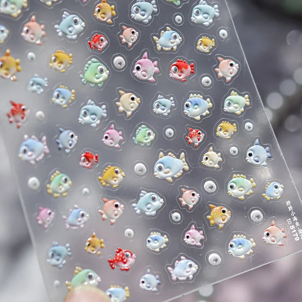 5D Deep Sea Fish Nail Art Stickers Shimmery Bubble Colorful Marine Life Nail Decals Summer Ocean Self Adhesive Manicure Decal