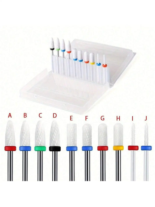 10pcs Milling Cutter Ceramic Nail Drill Bits Electric Manicure Files Kit Cuticle Remove Burr Gel Polish Tools Accessories
