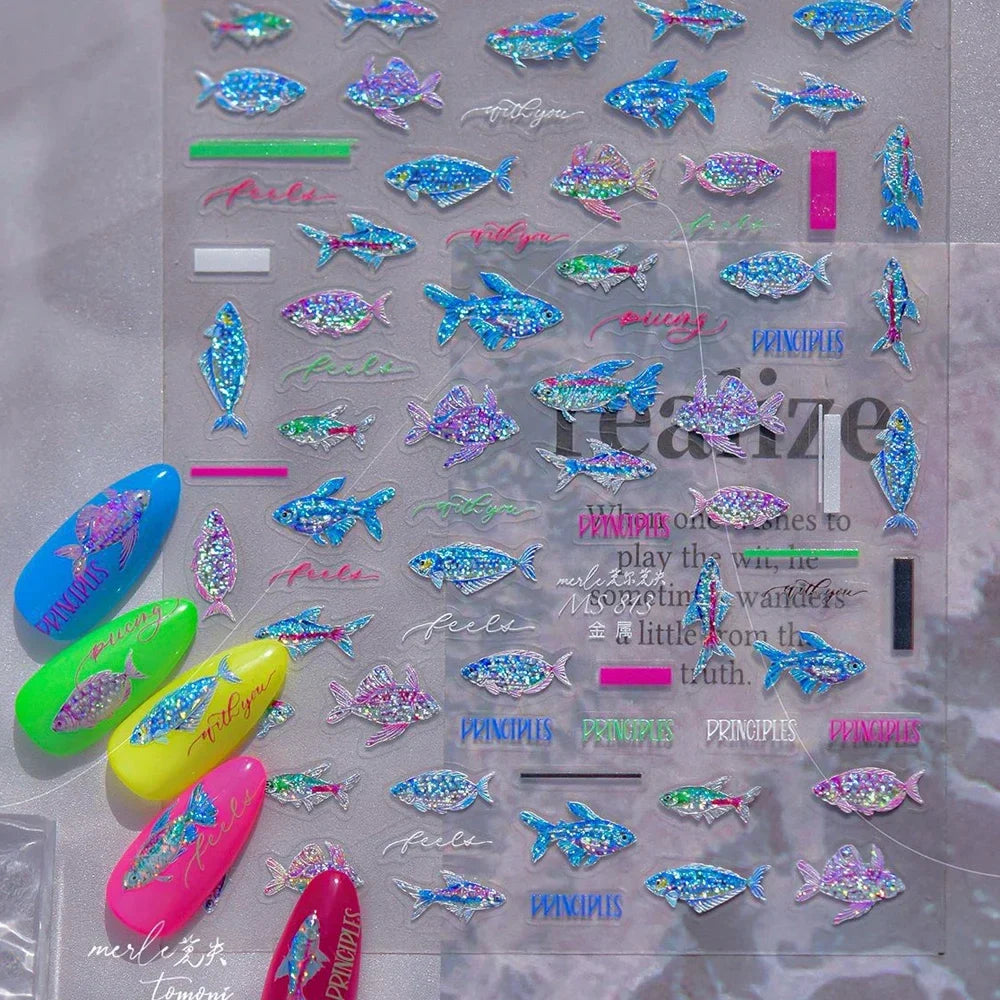 5D Deep Sea Fish Nail Art Stickers Shimmery Bubble Colorful Marine Life Nail Decals Summer Ocean Self Adhesive Manicure Decal