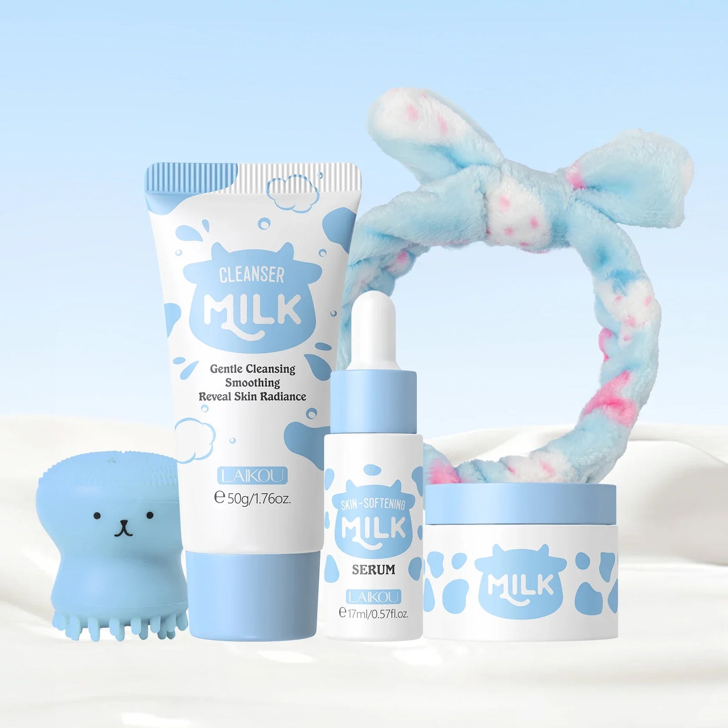 LAIKOU Milk Skincare Set Softening Serum Moisturizing Cream Gentle Cleanser Brightening Hydration Travel Kit