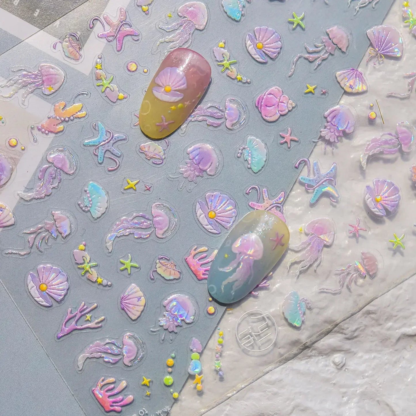 5D Deep Sea Fish Nail Art Stickers Shimmery Bubble Colorful Marine Life Nail Decals Summer Ocean Self Adhesive Manicure Decal