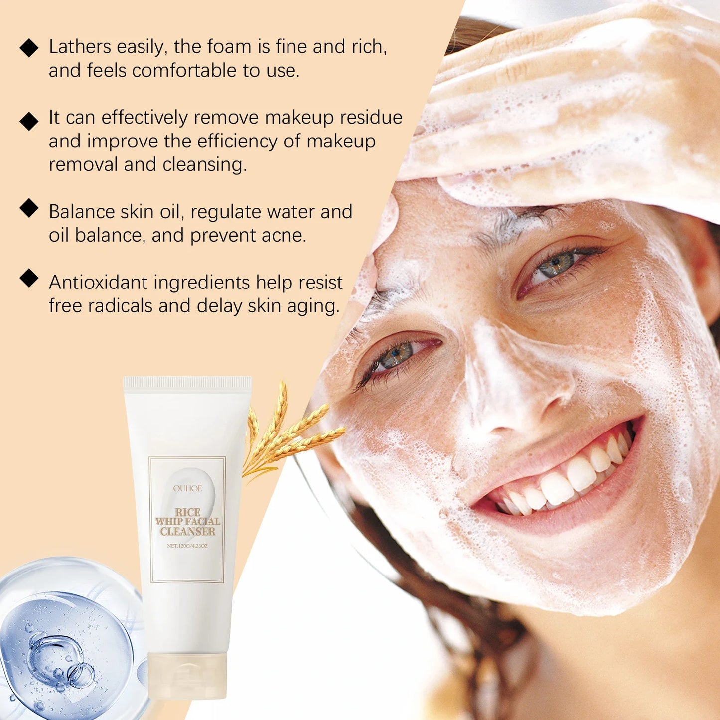 Rice Milk Cleansing Foam 120g Gentle Facial Wash Deep Cleanse Rice Extract Hydrating Non Drying Rich Lather for Soft Bright Skin