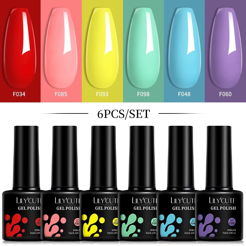 LILYCUTE 6Pcs 7ML Gel DIY Nails Polish Set Bright Pink Nail Charms Soak Off UV LED Gel Varnish Nail Art Design Accessories
