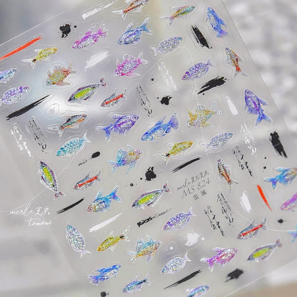 5D Metal Fish Nail Art Stickers Tiny Ocean Shoal of Fish Foil Waves Summer Beach Self Adhesive Decoration Manicure Decal DIY