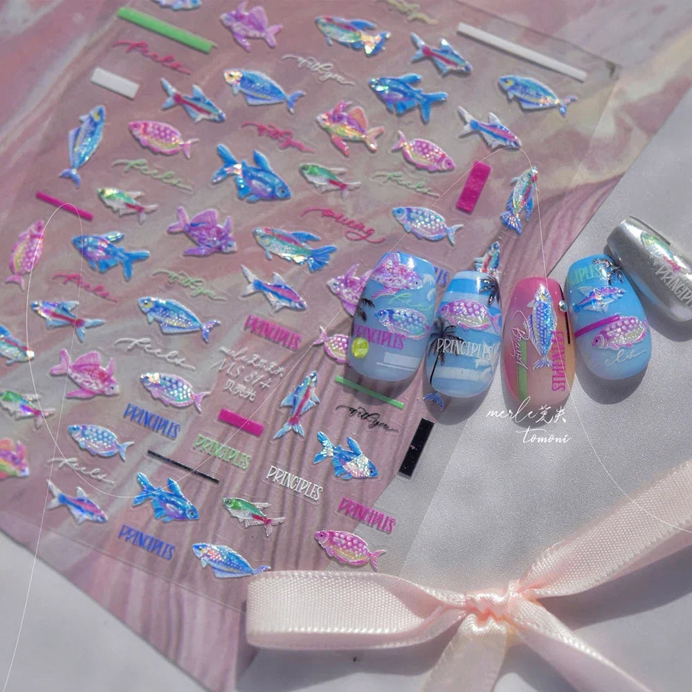 5D Metal Fish Nail Art Stickers Tiny Ocean Shoal of Fish Foil Waves Summer Beach Self Adhesive Decoration Manicure Decal DIY