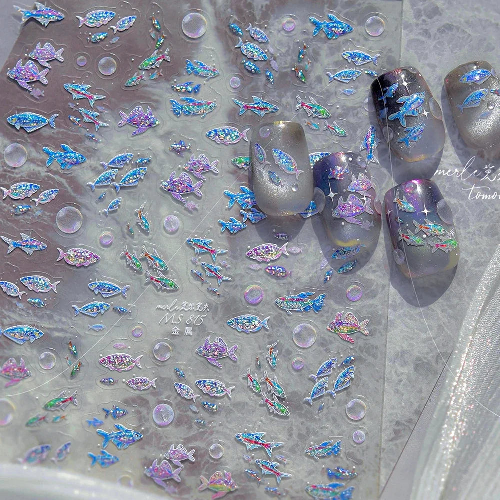 5D Metal Fish Nail Art Stickers Tiny Ocean Shoal of Fish Foil Waves Summer Beach Self Adhesive Decoration Manicure Decal DIY