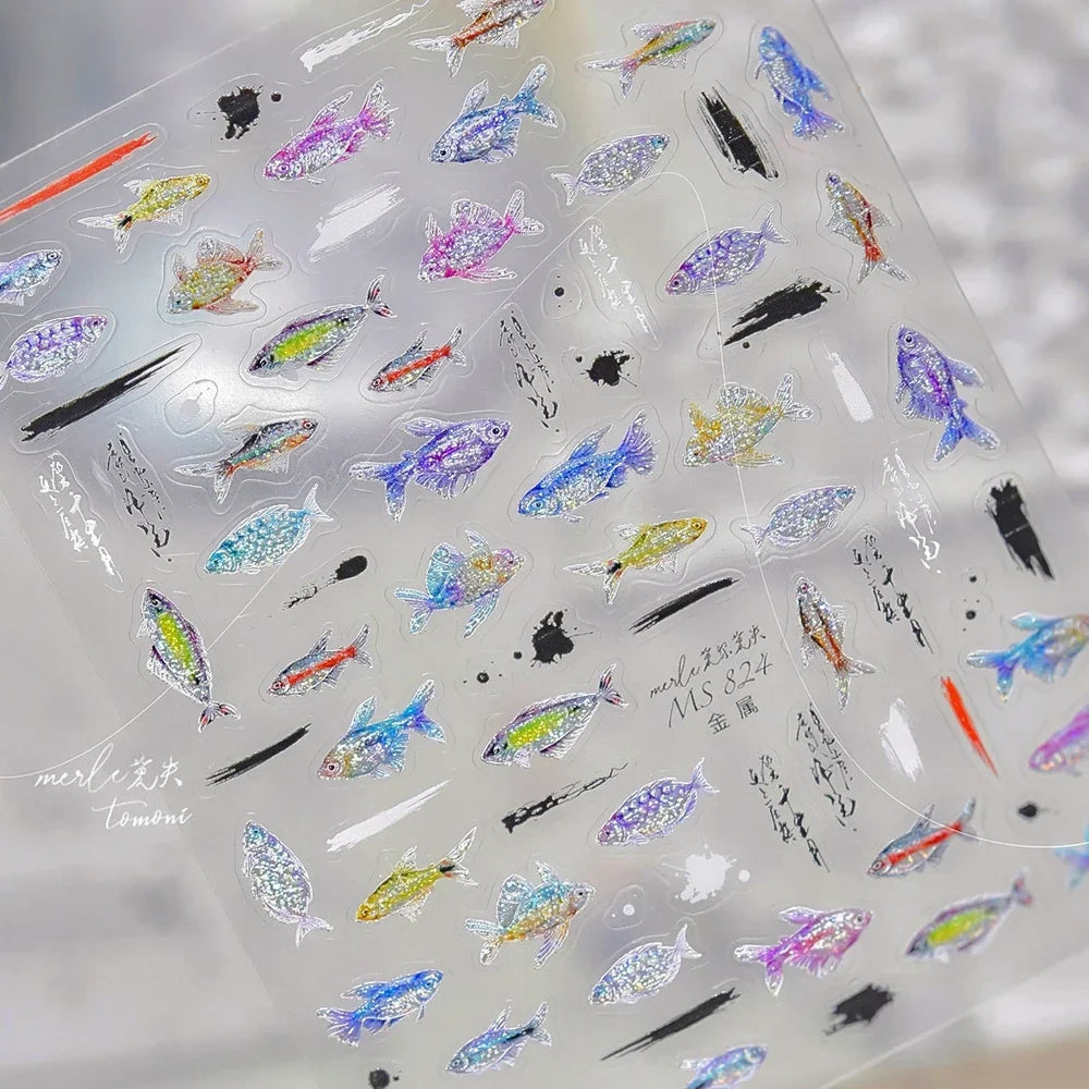 5D Deep Sea Fish Nail Art Stickers Shimmery Bubble Colorful Marine Life Nail Decals Summer Ocean Self Adhesive Manicure Decal