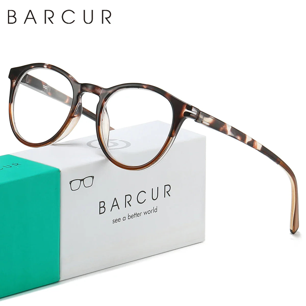 BARCUR Simple Men’s Presbyopia Glasses Comfortable Lightweight Leopard Pattern PC Anti-Slip Round Frame Transparent Acrylic Lenses for Women’s Reading Glasses