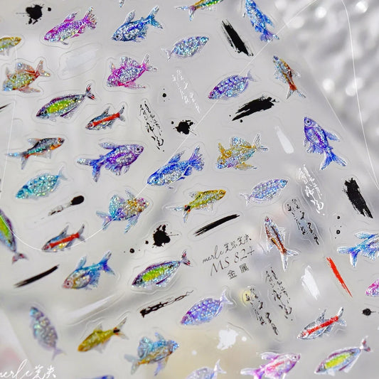 5D Metal Fish Nail Art Stickers Tiny Ocean Shoal of Fish Foil Waves Summer Beach Self Adhesive Decoration Manicure Decal DIY