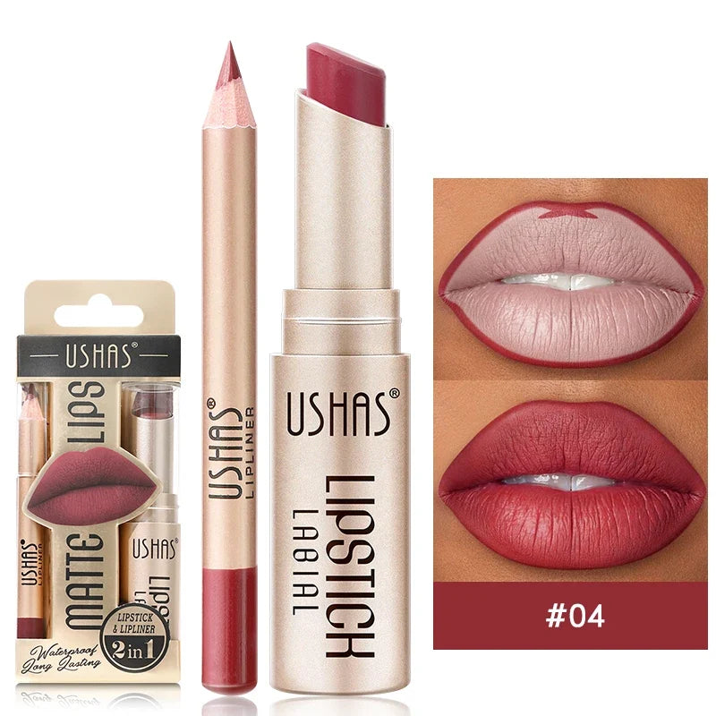 Professional 2PCS Lip Liner Lipstick Set Matte Finish High Pigment Long Lasting Waterproof Sweatproof Cosmetic Beauty Kit