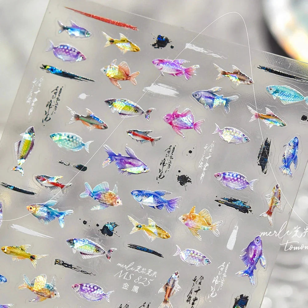 5D Metal Fish Nail Art Stickers Tiny Ocean Shoal of Fish Foil Waves Summer Beach Self Adhesive Decoration Manicure Decal DIY