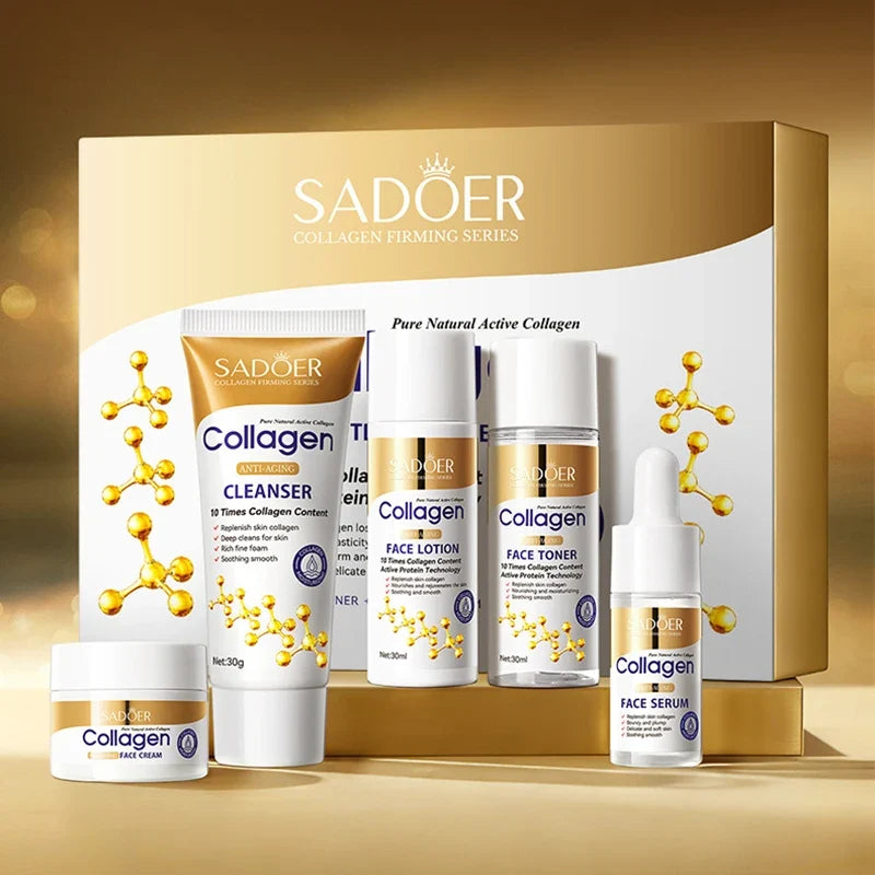 5pcs SADOER Collagen Skin Care Sets Moisturizing Face Cream Eye Cream Serum Essence Whitening Anti-Aging Facial Skin Care Kit