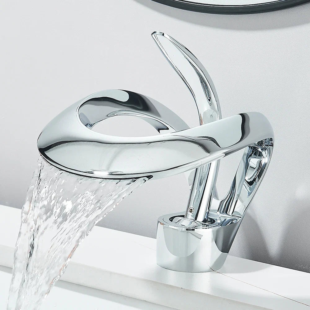 Solid Brass Waterfall Basin Faucet Single Handle Hot Cold Water Mixer Tap For Bathroom Sink