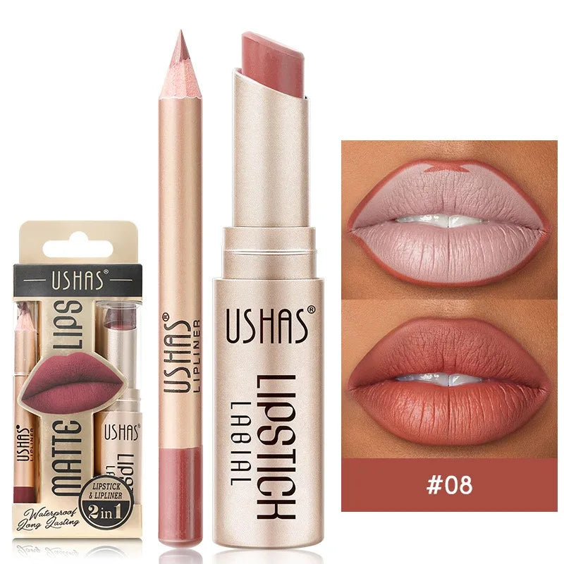 Professional 2PCS Lip Liner Lipstick Set Matte Finish High Pigment Long Lasting Waterproof Sweatproof Cosmetic Beauty Kit