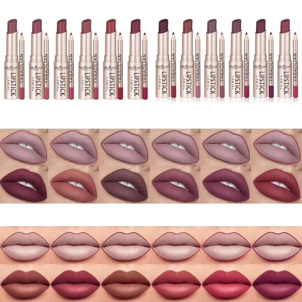 Professional 2PCS Lip Liner Lipstick Set Matte Finish High Pigment Long Lasting Waterproof Sweatproof Cosmetic Beauty Kit