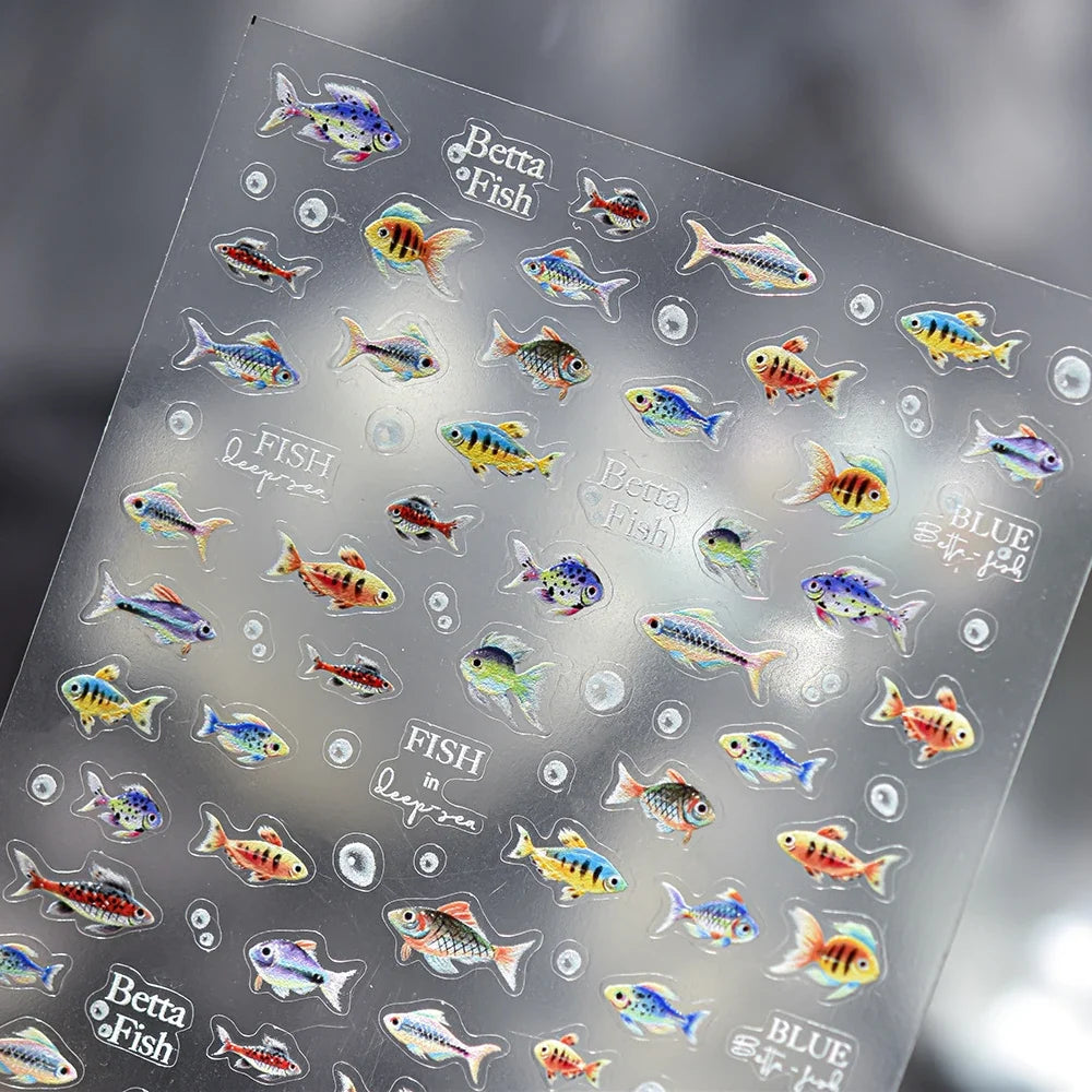 5D Deep Sea Fish Nail Art Stickers Shimmery Bubble Colorful Marine Life Nail Decals Summer Ocean Self Adhesive Manicure Decal