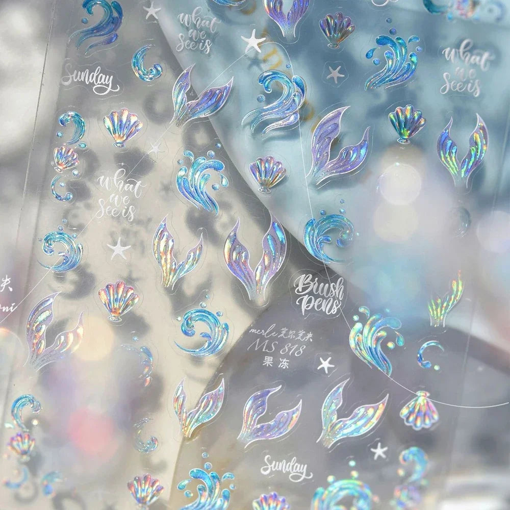 5D Deep Sea Fish Nail Art Stickers Shimmery Bubble Colorful Marine Life Nail Decals Summer Ocean Self Adhesive Manicure Decal