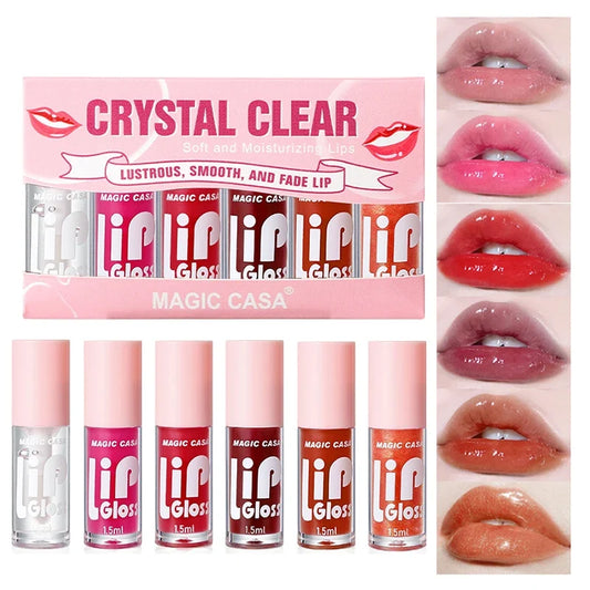 MAGIC CASA 6-Piece Set Water-Gloss Jelly Lip Oil - Plumping, Hydrating, Makeup Base, Long-Lasting Moisture