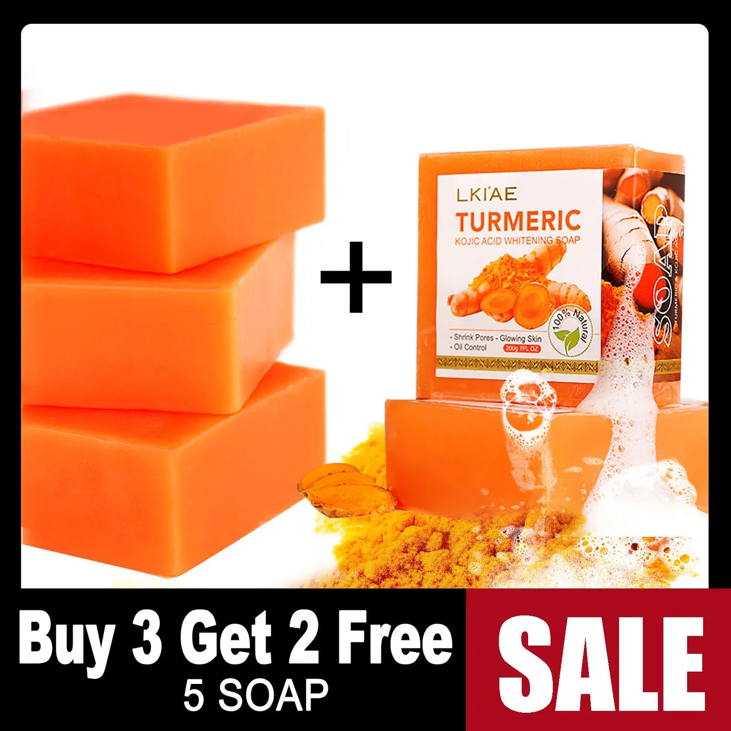 LKIAE Organic Turmeric Soap Bar, Natural Herbal Hand Made Whitening Soap, Remove Melanin, Acne, Spots, For Face And Body,200g