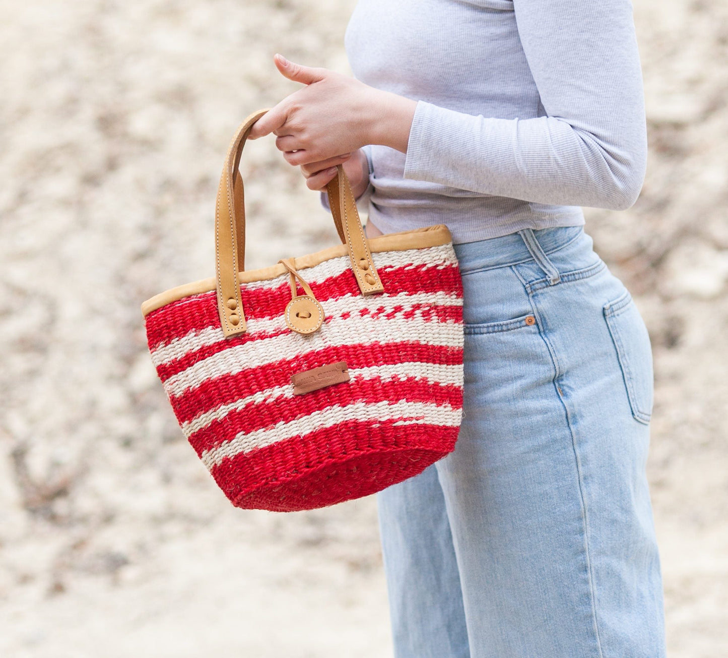 Brave Art Handmade Small Red and White Sisal Tote Bag