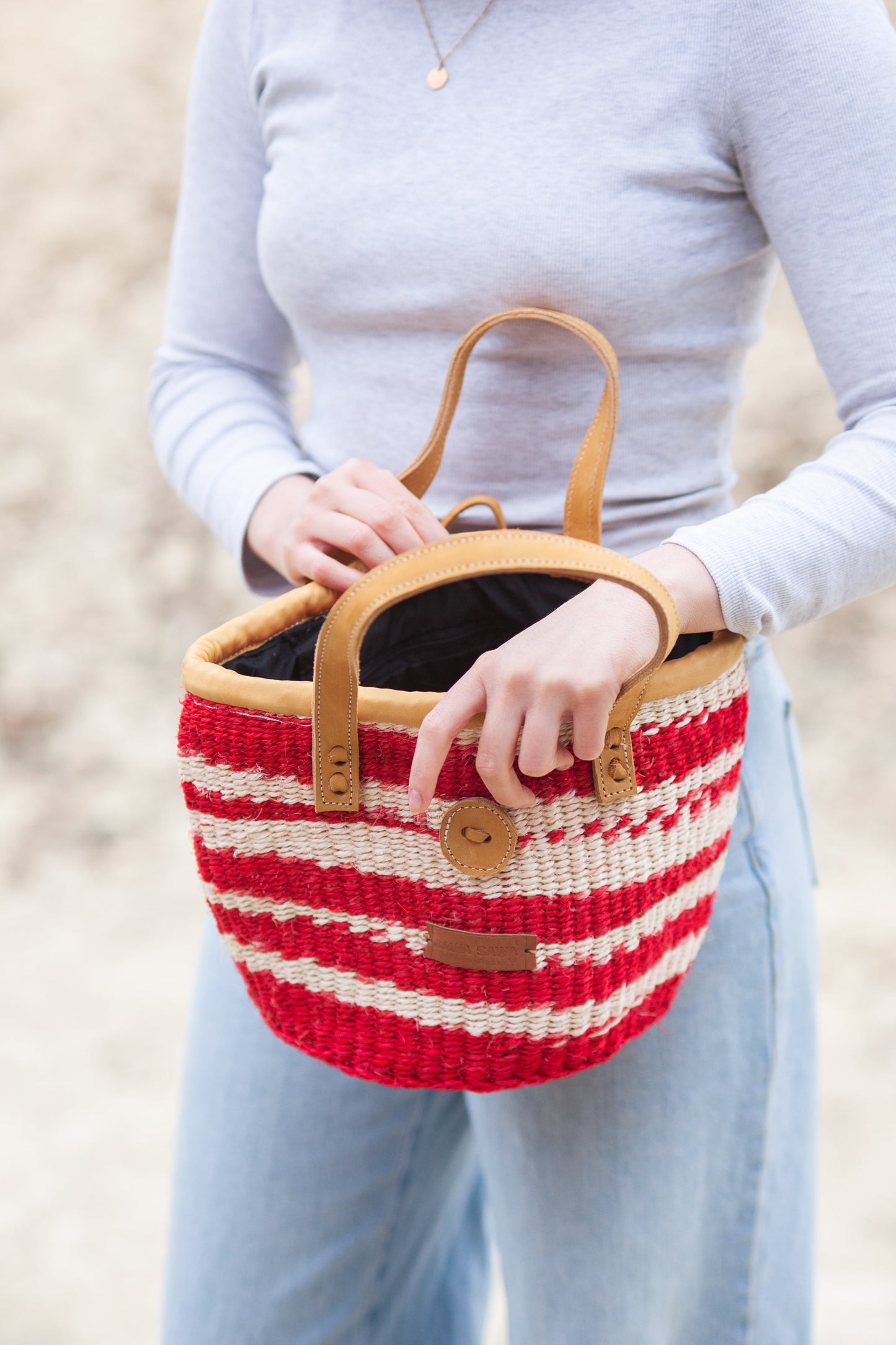 Brave Art Handmade Small Red and White Sisal Tote Bag