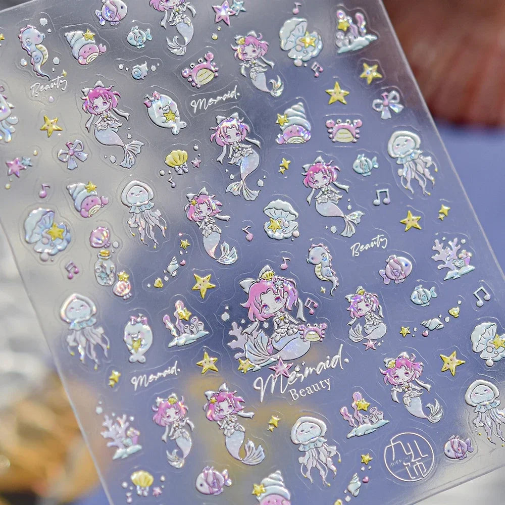 5D Deep Sea Fish Nail Art Stickers Shimmery Bubble Colorful Marine Life Nail Decals Summer Ocean Self Adhesive Manicure Decal