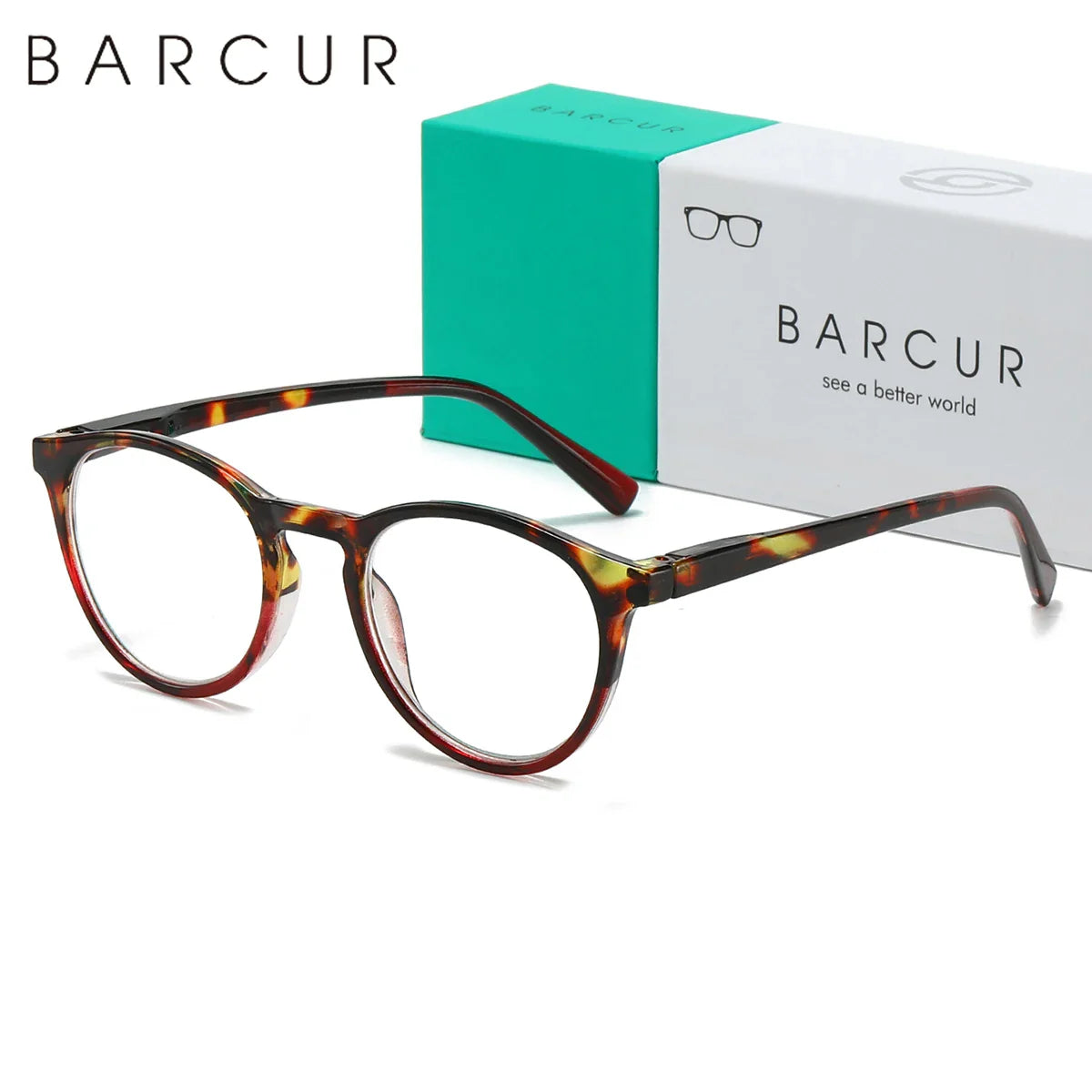 BARCUR Simple Men’s Presbyopia Glasses Comfortable Lightweight Leopard Pattern PC Anti-Slip Round Frame Transparent Acrylic Lenses for Women’s Reading Glasses