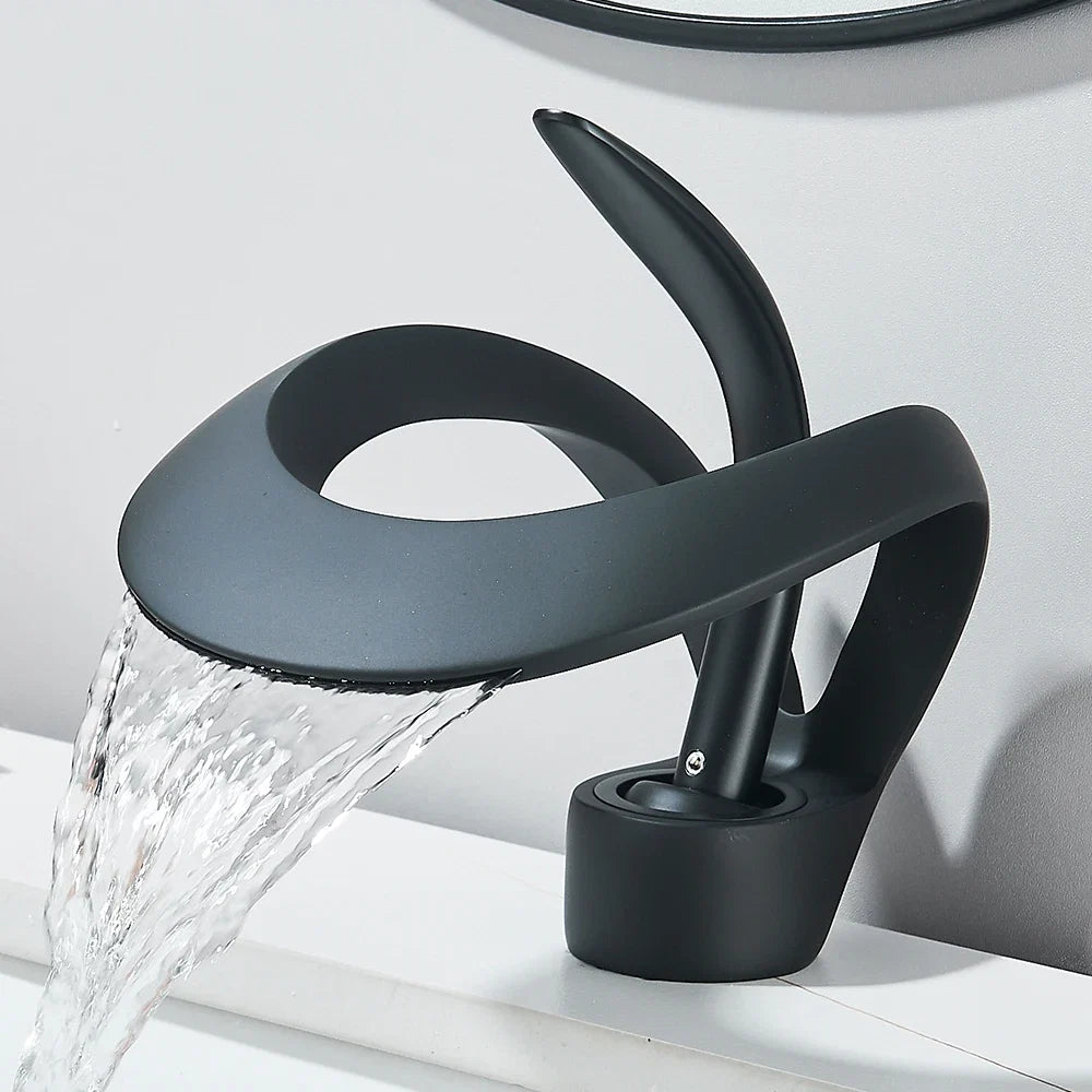Solid Brass Waterfall Basin Faucet Single Handle Hot Cold Water Mixer Tap For Bathroom Sink