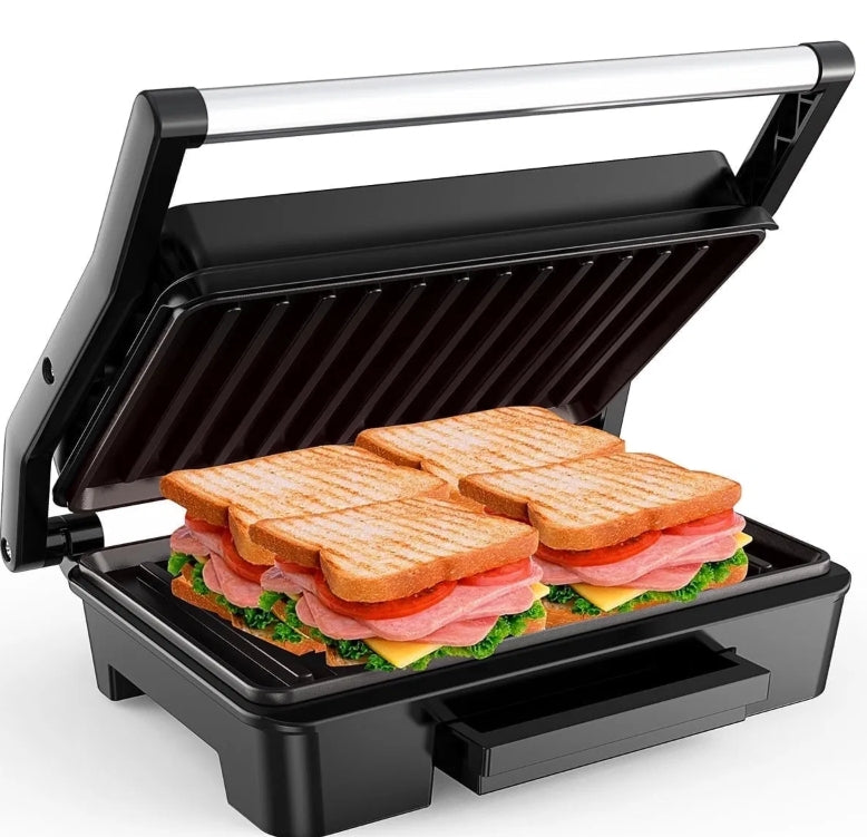 2 Slice Stainless Steel Panini Press Grill, Non-Stick Sandwich Press Maker with Removable Drip Tray for Any Thickness Sandwich, Burgers, Steak