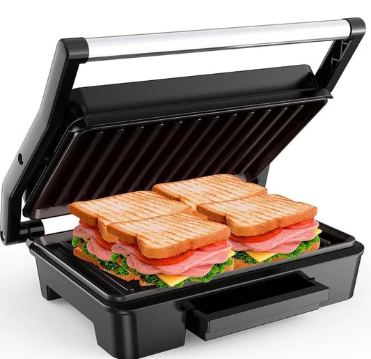 2 Slice Stainless Steel Panini Press Grill, Non-Stick Sandwich Press Maker with Removable Drip Tray for Any Thickness Sandwich, Burgers, Steak