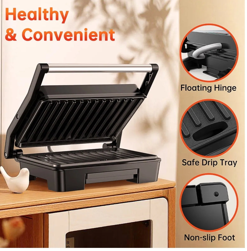 2 Slice Stainless Steel Panini Press Grill, Non-Stick Sandwich Press Maker with Removable Drip Tray for Any Thickness Sandwich, Burgers, Steak