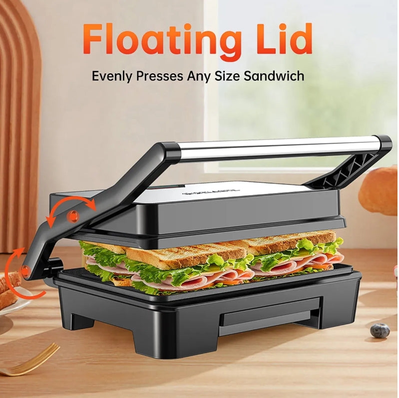 2 Slice Stainless Steel Panini Press Grill, Non-Stick Sandwich Press Maker with Removable Drip Tray for Any Thickness Sandwich, Burgers, Steak