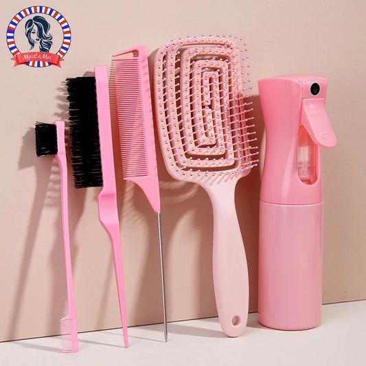 5pcs comb set Relaxing Elastic Massage Comb Hollow Out Hair Brush Scalp Massage Combs Hair Styling Spray bottle Hair Salon Tools