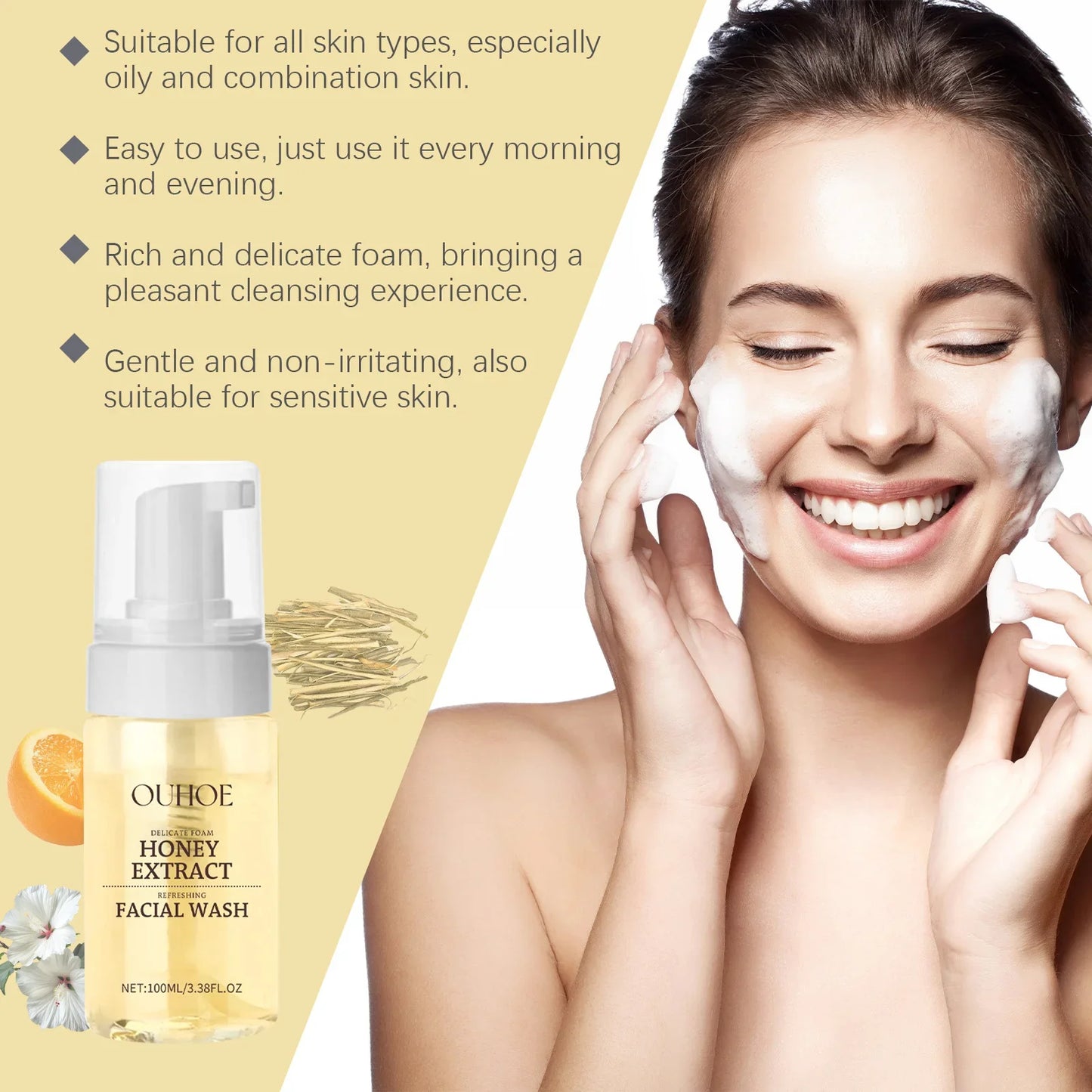 Honey Facial  Foaming Cleanser Gentle Oil Control Reduce Acne Blackhead Purify Pore Soothing Relieve Redness Hydrating Face Wash