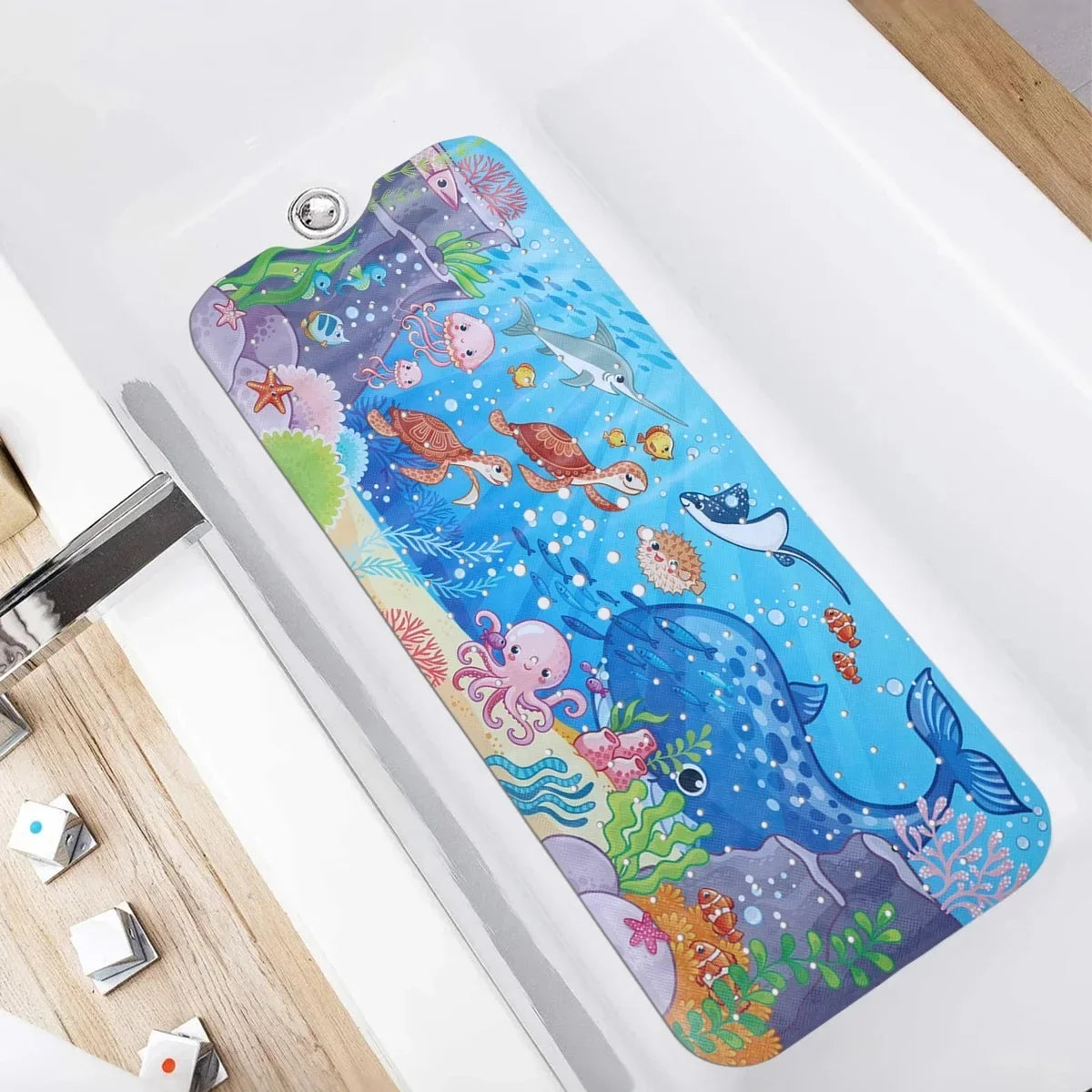 1pc Cartoon Extra Long Bathtub Mat 40x100cm Non Slip Bath Mat for Bathroom Tubs Shower Mats with Suction Cups & Drain Holes