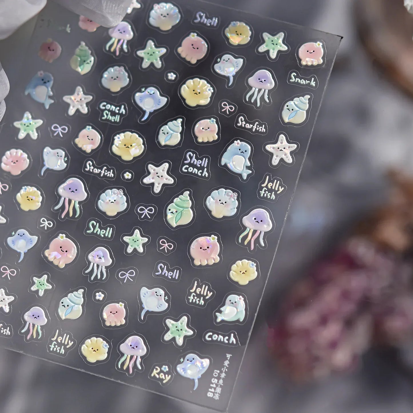 5D Deep Sea Fish Nail Art Stickers Shimmery Bubble Colorful Marine Life Nail Decals Summer Ocean Self Adhesive Manicure Decal