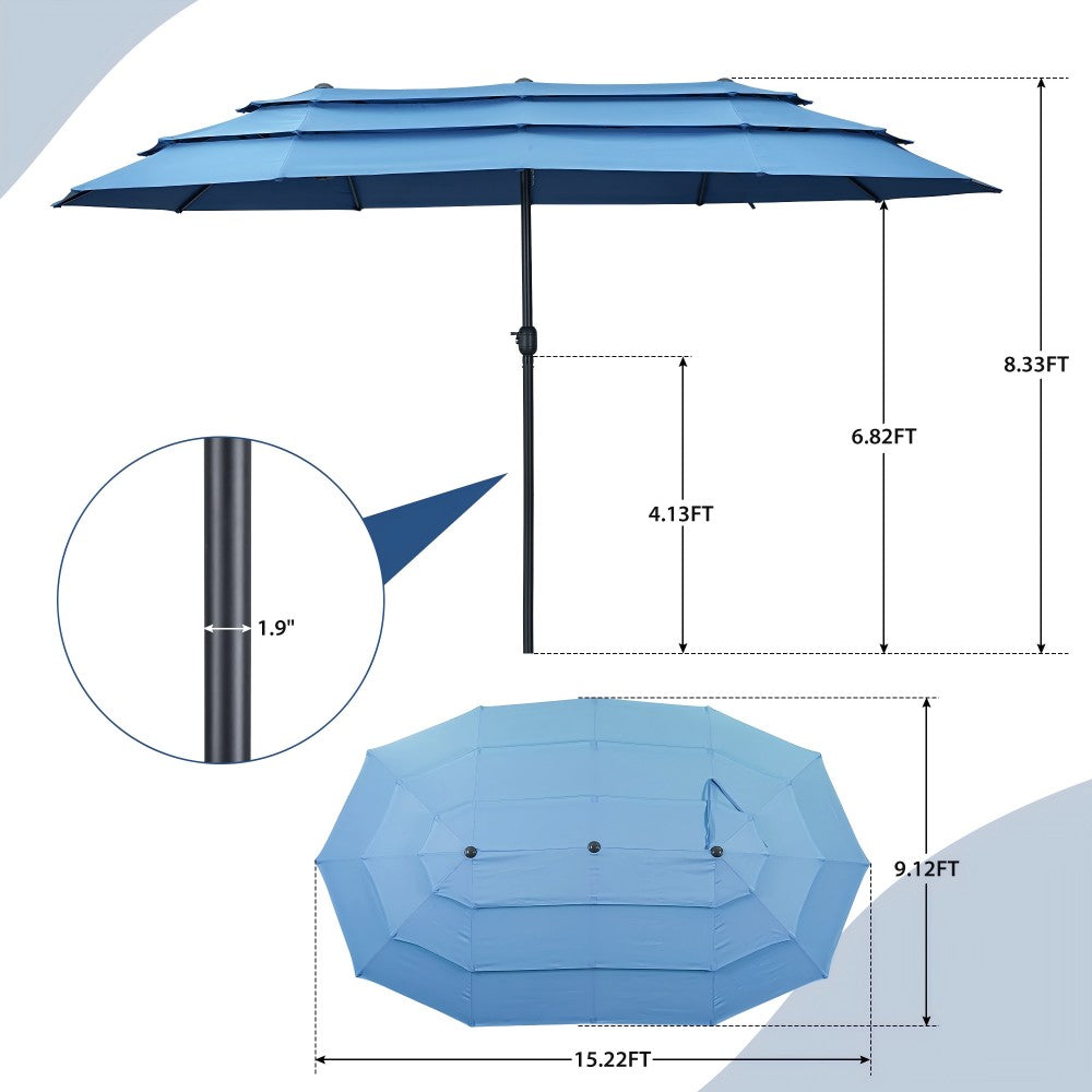 Ainfox 15ft Large Patio Umbrella, 3-Tiers Outdoor Double-Sided Rectangle Market Heavy Duty Umbrellas