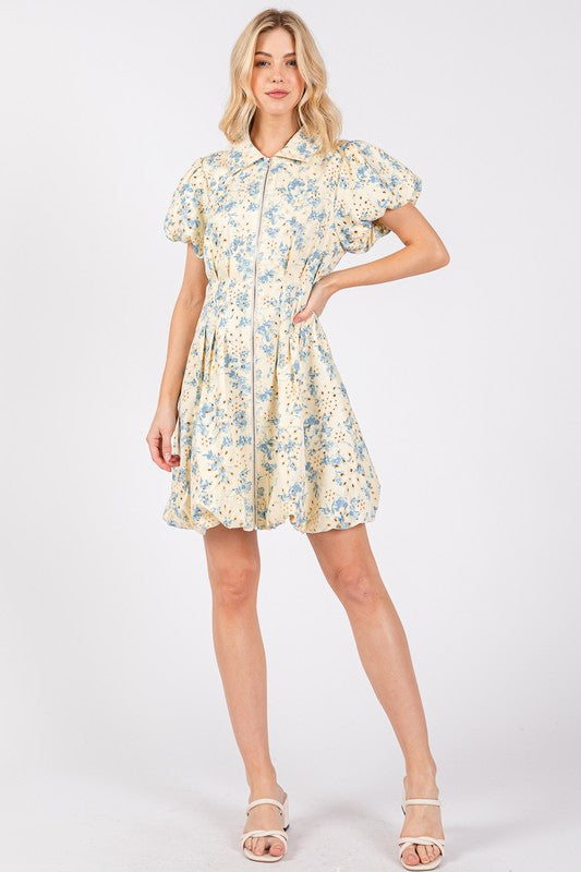 New Summer Floral Eyelet Zipper Front Puff Sleeve Mini Dress For Women – Elegant, Trendy and Chic Floral Eyelet Mini Dress with Puff Sleeves