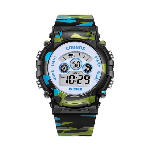 Boys Sports Military Kids Digital Watches Student Childrens Watch Fashion Luminous Led Alarm Camouflage Green Waterproof 7 Color Led Backlight Multifuction Wristwatch For Boys Girls