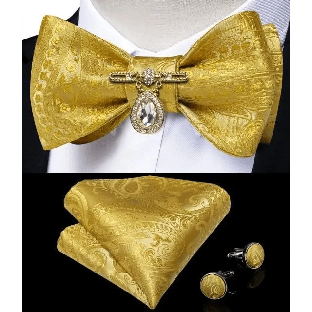 Business Elegant Gold Black Pattern Elegant Wedding Silk Bowtie Men Butterfly Fashion Bow Ties Pocket Square Classic Business Tuxedo Wedding Bowties Handkerchief Set