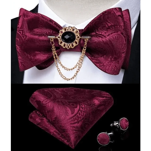 Business Elegant Gold Black Pattern Elegant Wedding Silk Bowtie Men Butterfly Fashion Bow Ties Pocket Square Classic Business Tuxedo Wedding Bowties Handkerchief Set